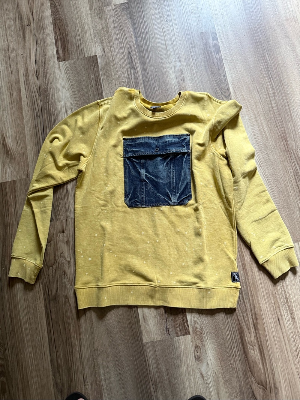 PRPS Men's Yellow Crewneck Sweatshirt with Dark Blue Front Pocket